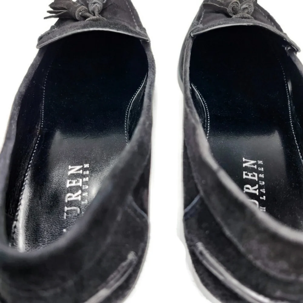 Lauren Ralph Lauren Pomona Black Suede Moc-Toe Slip-On Tassel Penny Loafers